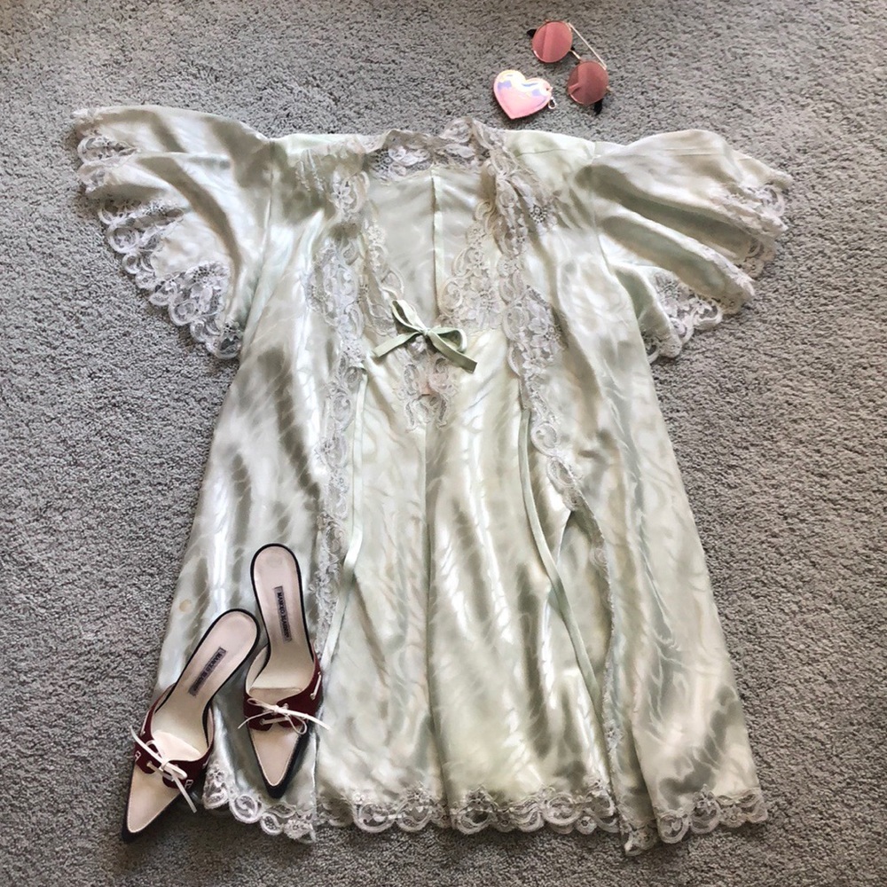 GILL TICE Vintage Mint Lace Silk Lingerie Set GORGEOUS